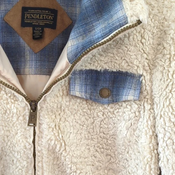 Pendleton Teddy Bear Sherpa Tan Full Zip Fleece Flannel Fuzzy Jacket Size Small - Picture 5 of 16